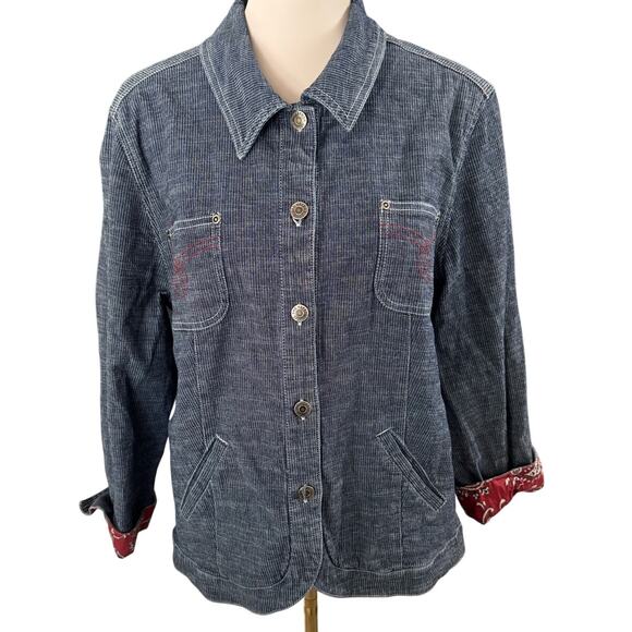 Sag Harbor Sport Hickory Stripe Denim Blouse Red Bandana Trim Womens Size 16 - Picture 1 of 10